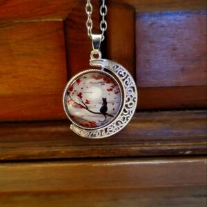 Crescent Moon with A Black Cat Pendant Necklace